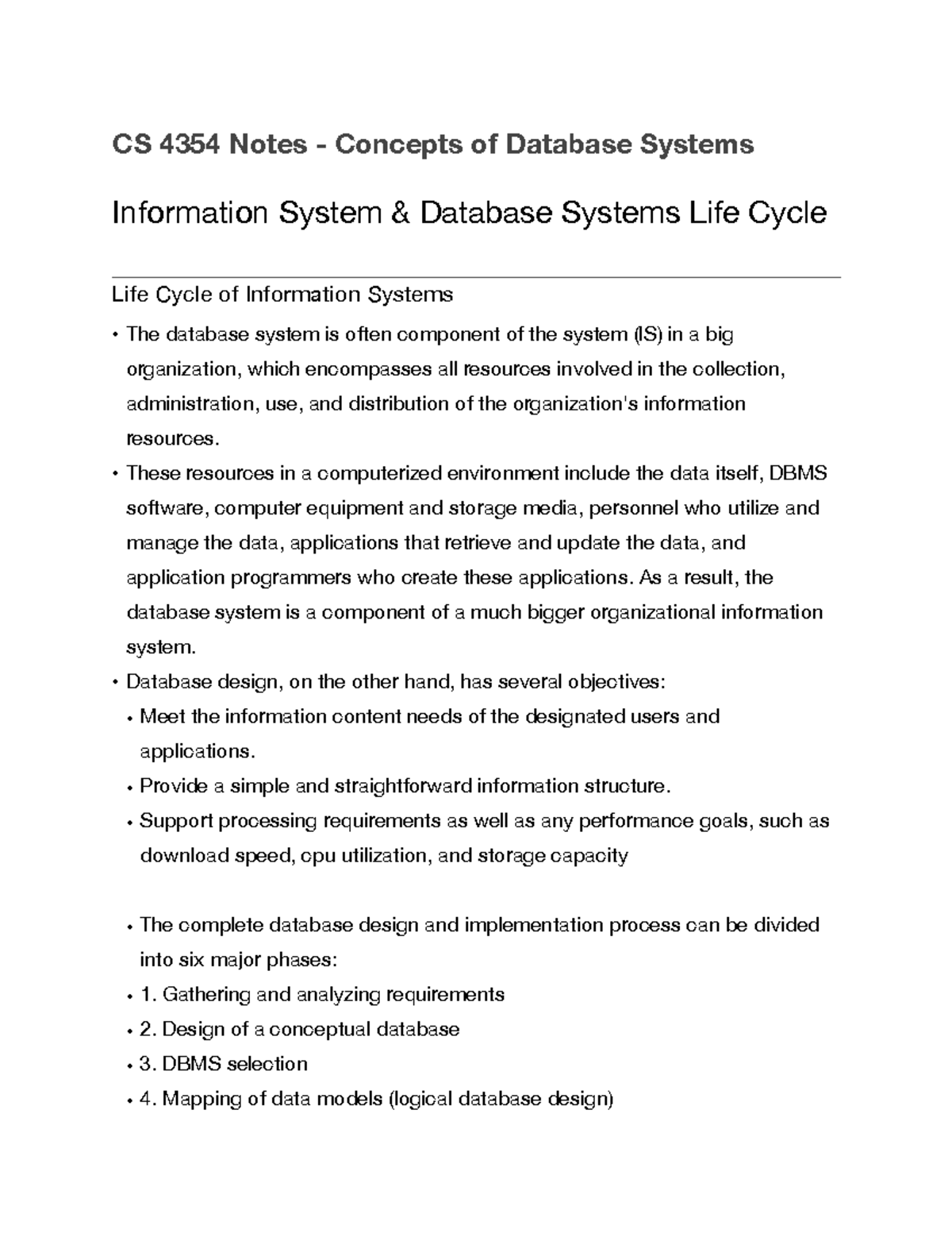 Cs 4354 Notes Information Sys And Database Sys Life Cycle - Cs 4354 