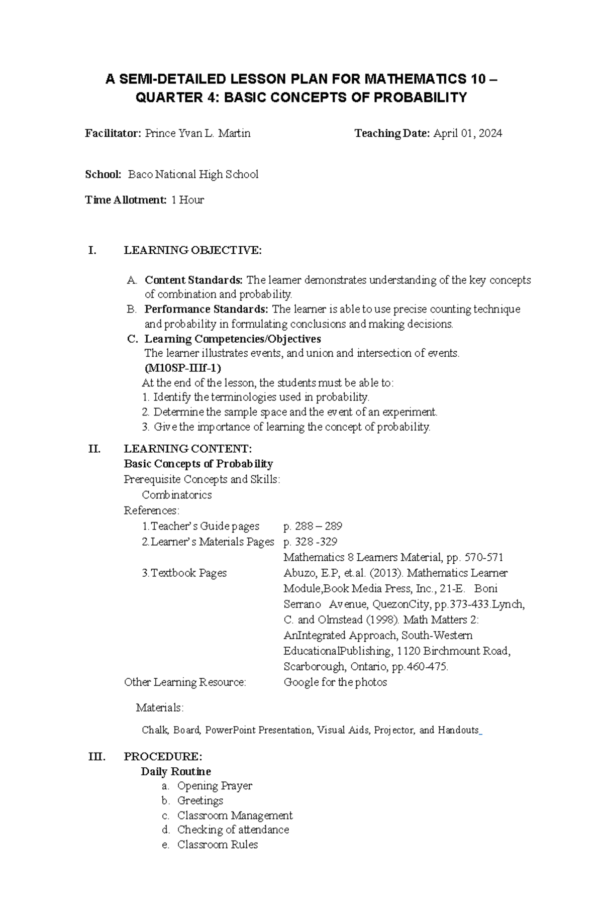 April 01 - Basic Concepts of Probability - A SEMI-DETAILED LESSON PLAN ...