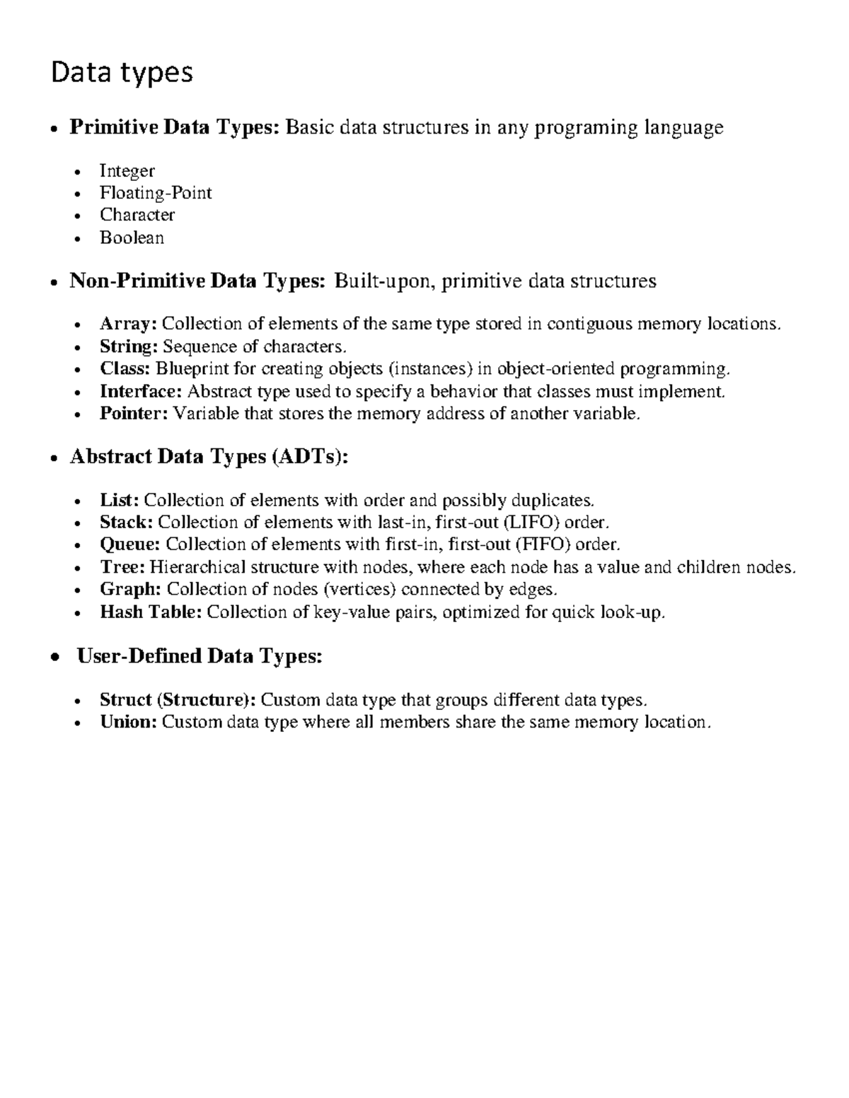 Data structures introduction - Data types • Primitive Data Types: Basic ...