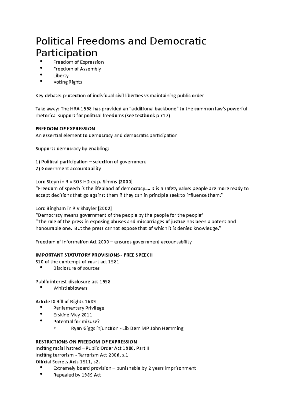 Political Freedoms and Democratic Participation Lecture 21 - Political ...