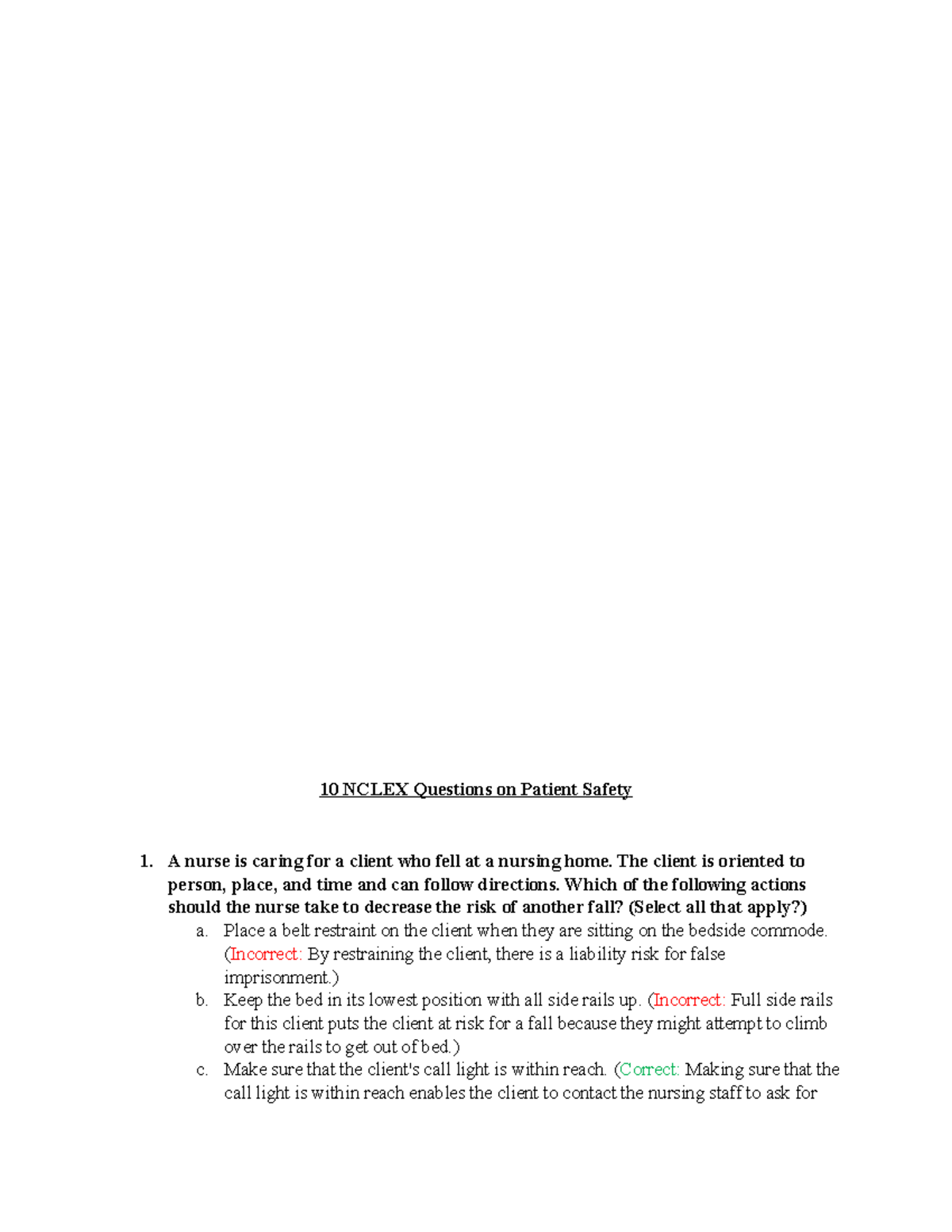 Nclex QuestionsHomework 10 NCLEX Questions on Patient Safety A nurse