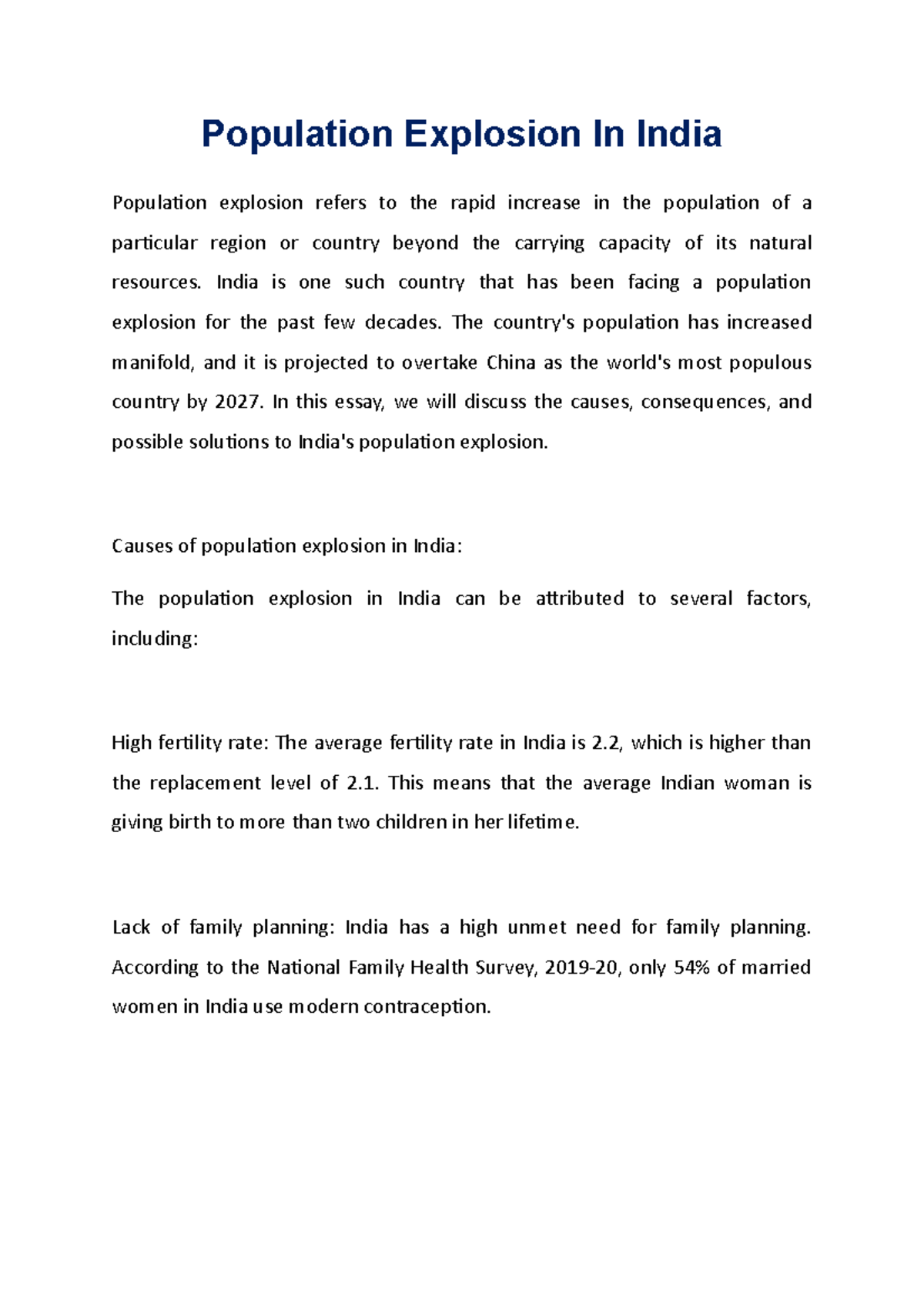 population explosion essay in india