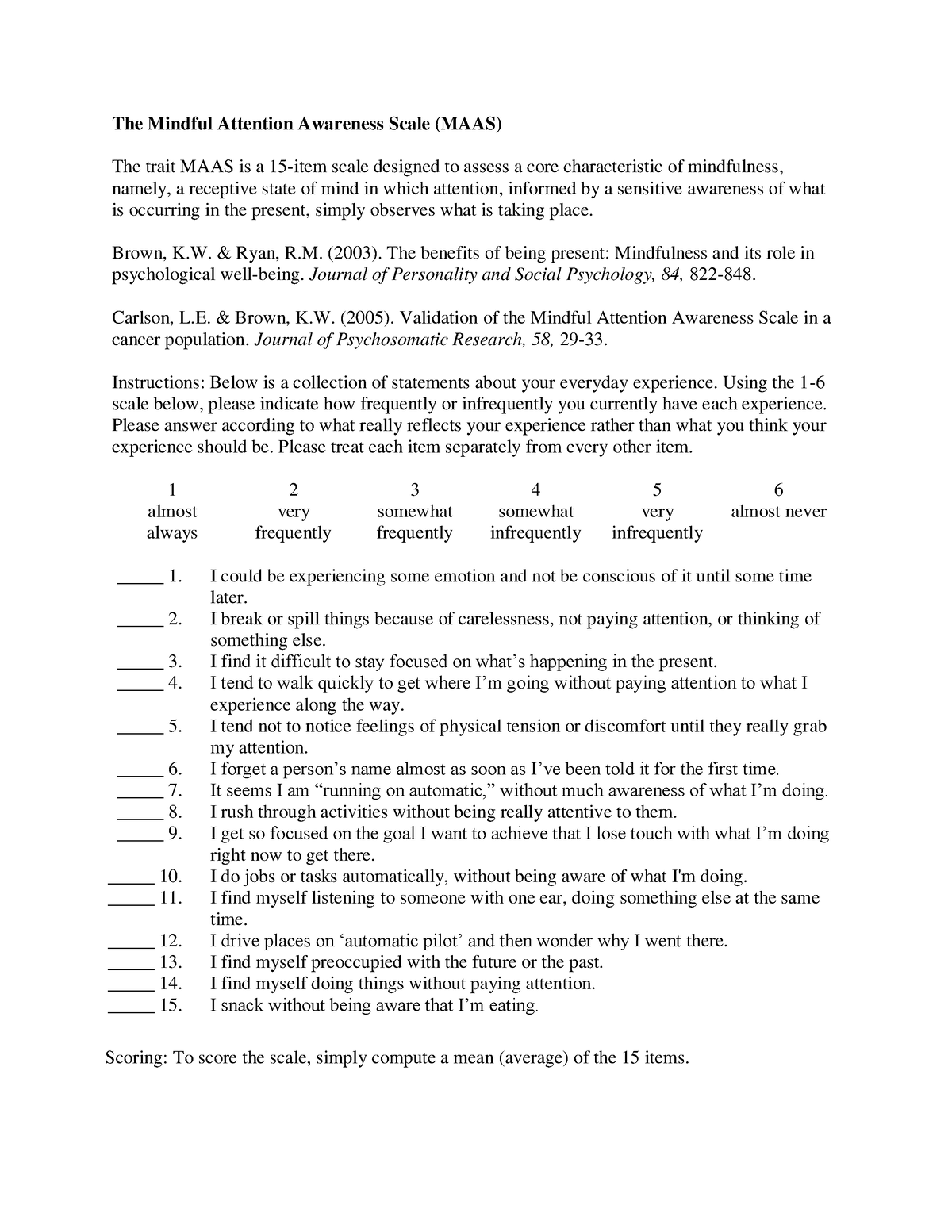 The Mindful Attention Awareness Scale - Trait - The Mindful Attention ...