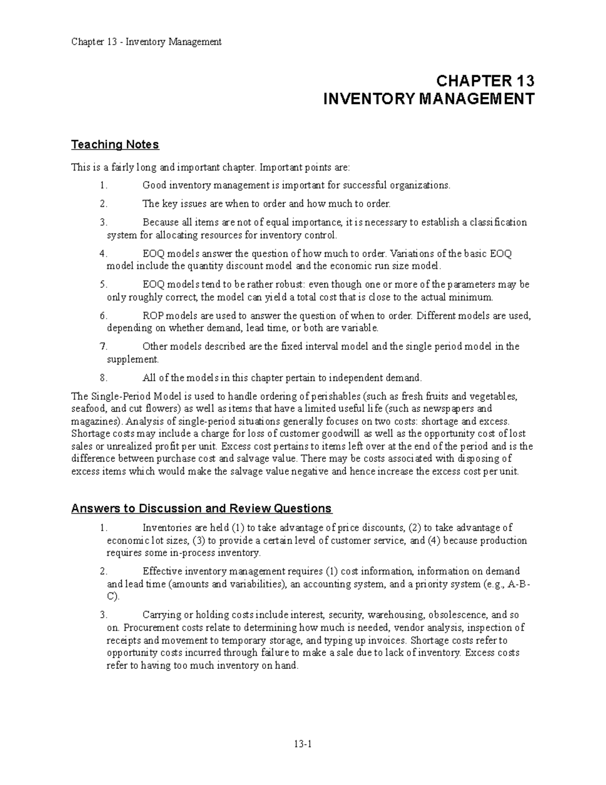 Chap013 - CHAPTER 13 INVENTORY MANAGEMENT Teaching Notes This Is A ...