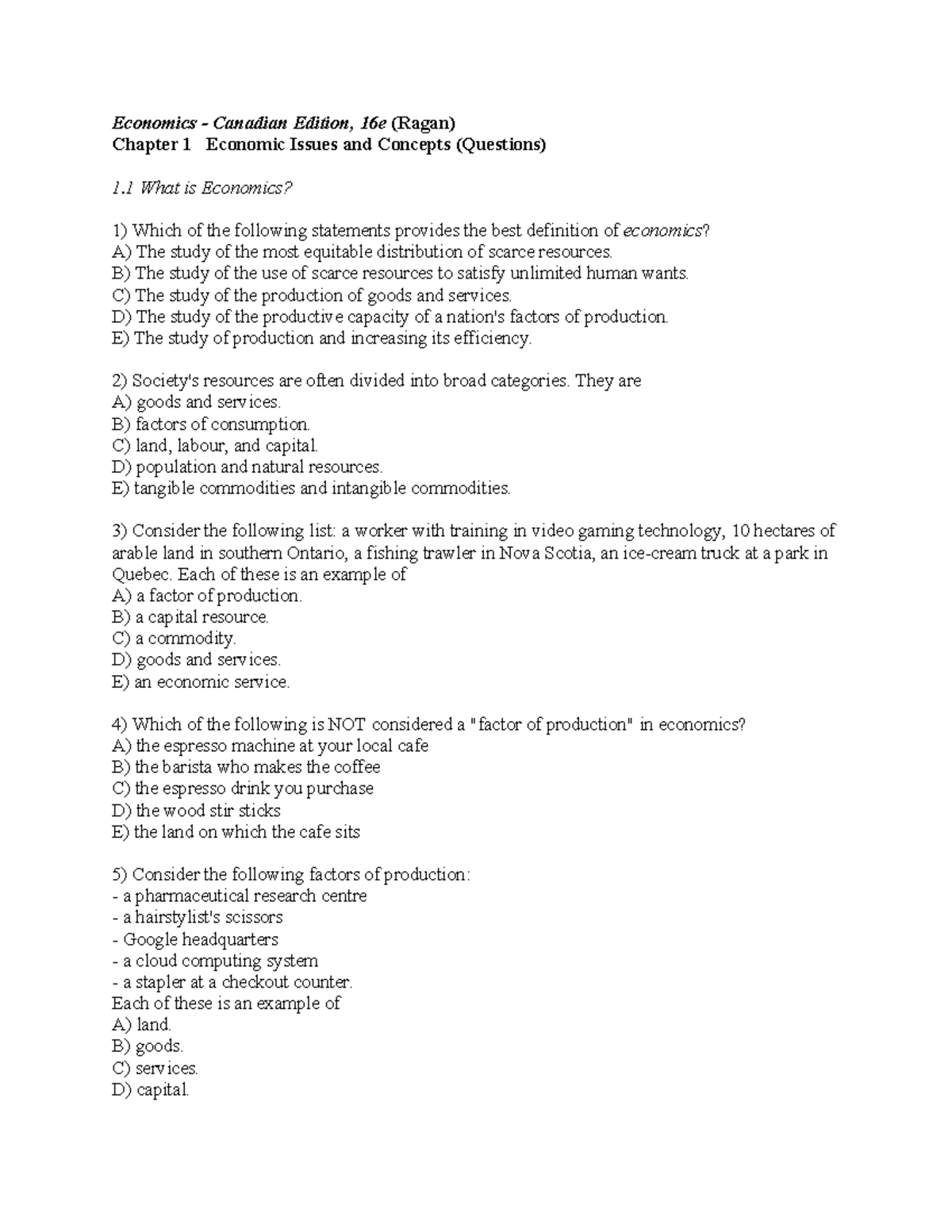 Chapter 1 Questions - Economics - Canadian Edition, 16e (Ragan) Chapter ...