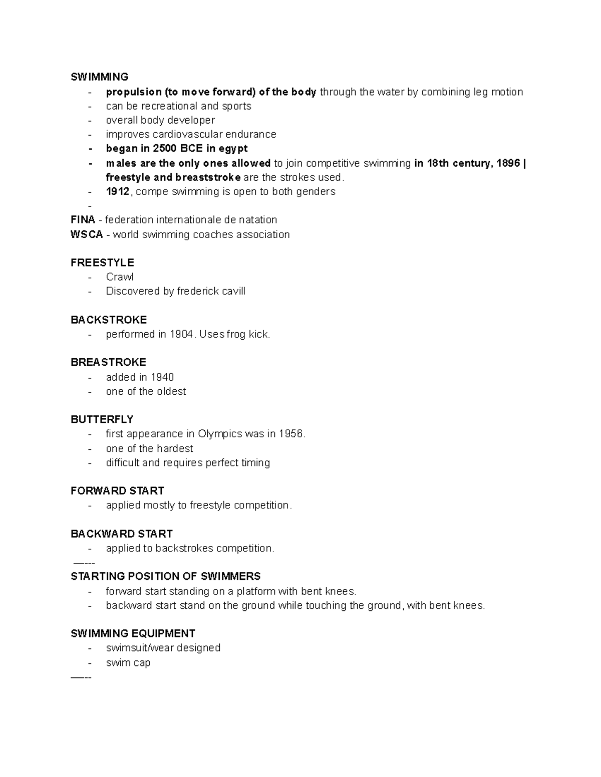 PE 2 - NOTES FOR P.E - SWIMMING propulsion (to move forward) of the ...