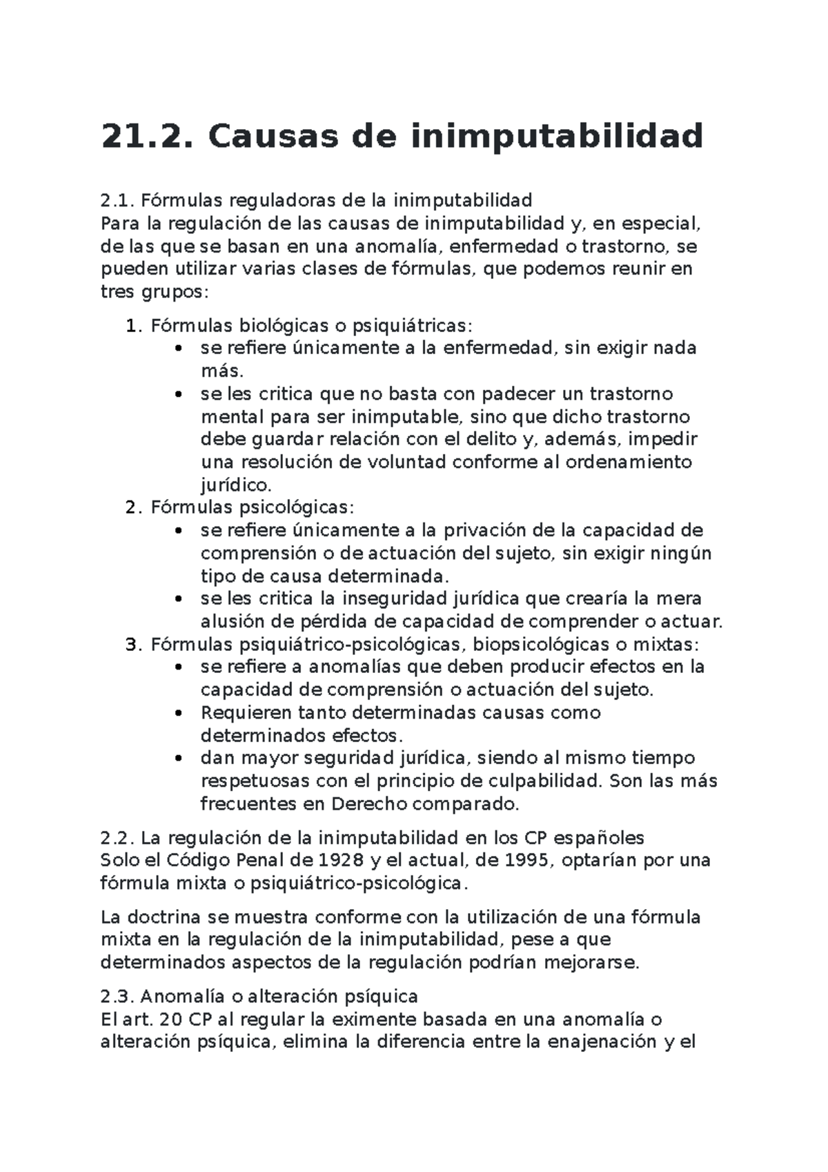 Derecho Penal Tema 21 Punto 2 - 21. Causas De Inimputabilidad Fórmulas ...