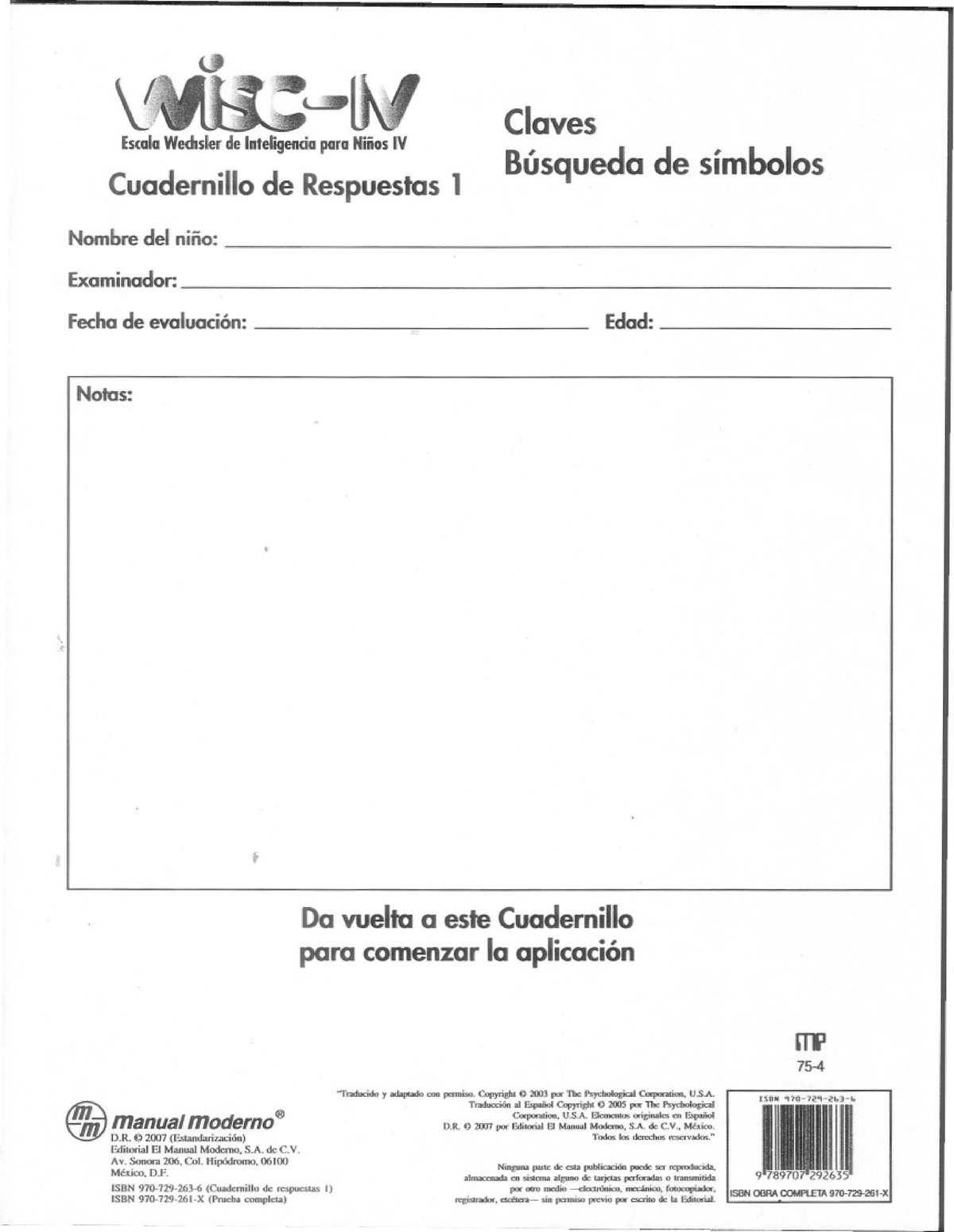 WISC-IV. Cuadernillo De Respuestas 1. Claves Y Búsqueda De Símbolos ...