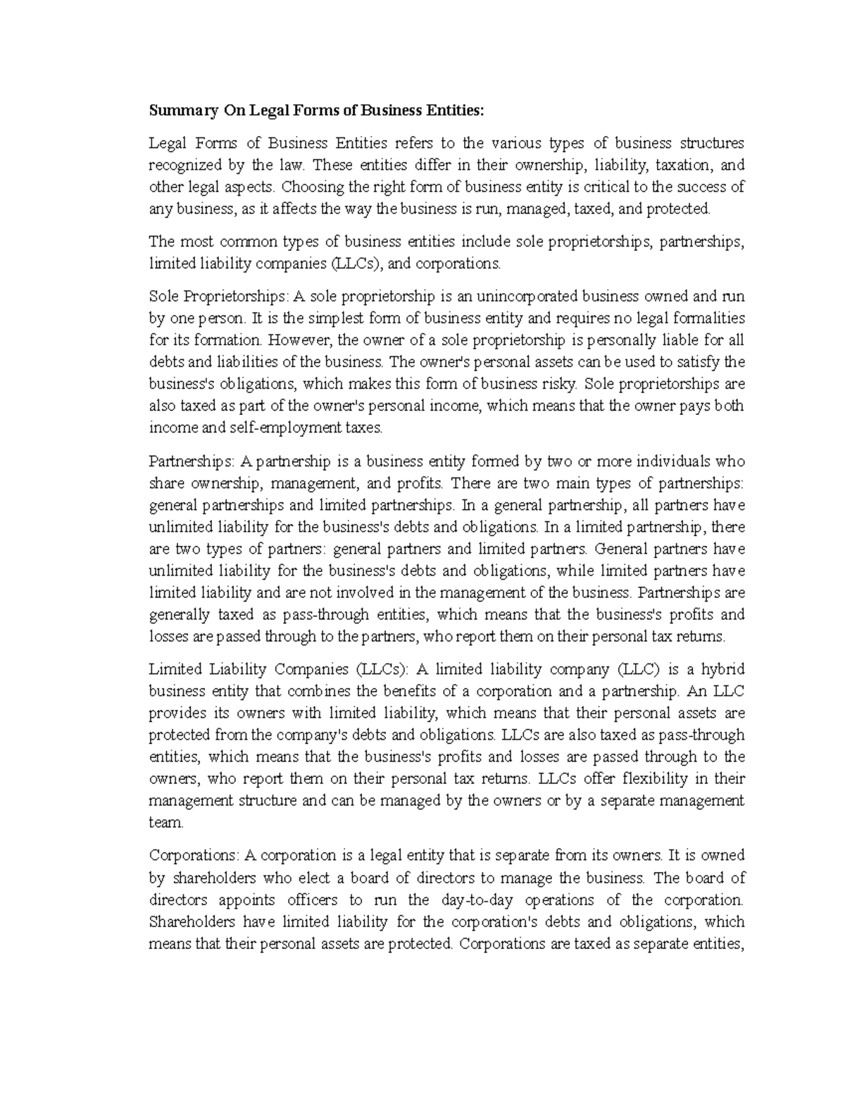 Summary on legal forms of business entities these entities differ in 