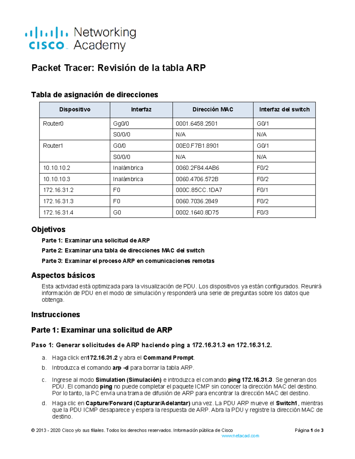 9.2.9 Packet Tracer - Examine the ARP Table - Packet Tracer: Revisión ...