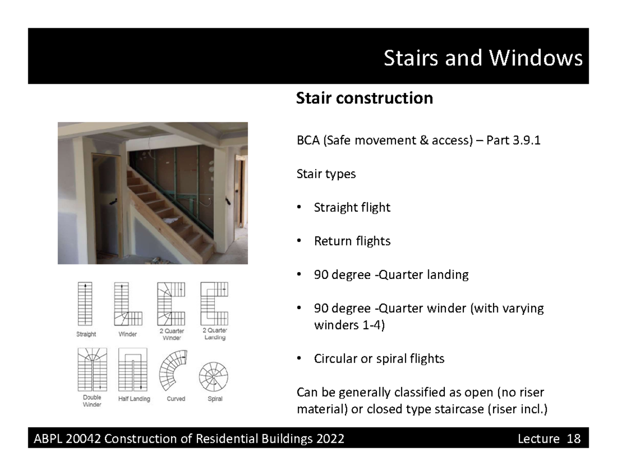 Lecture 18 Stairs and Windows Stair construction BCA (Safe movement
