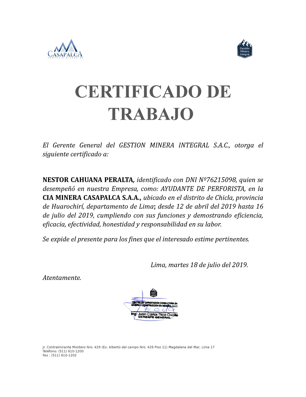 Certificado DE Trabajo Ayudante Perforista - TÉCNICAS DE APRENDIZAJE ...