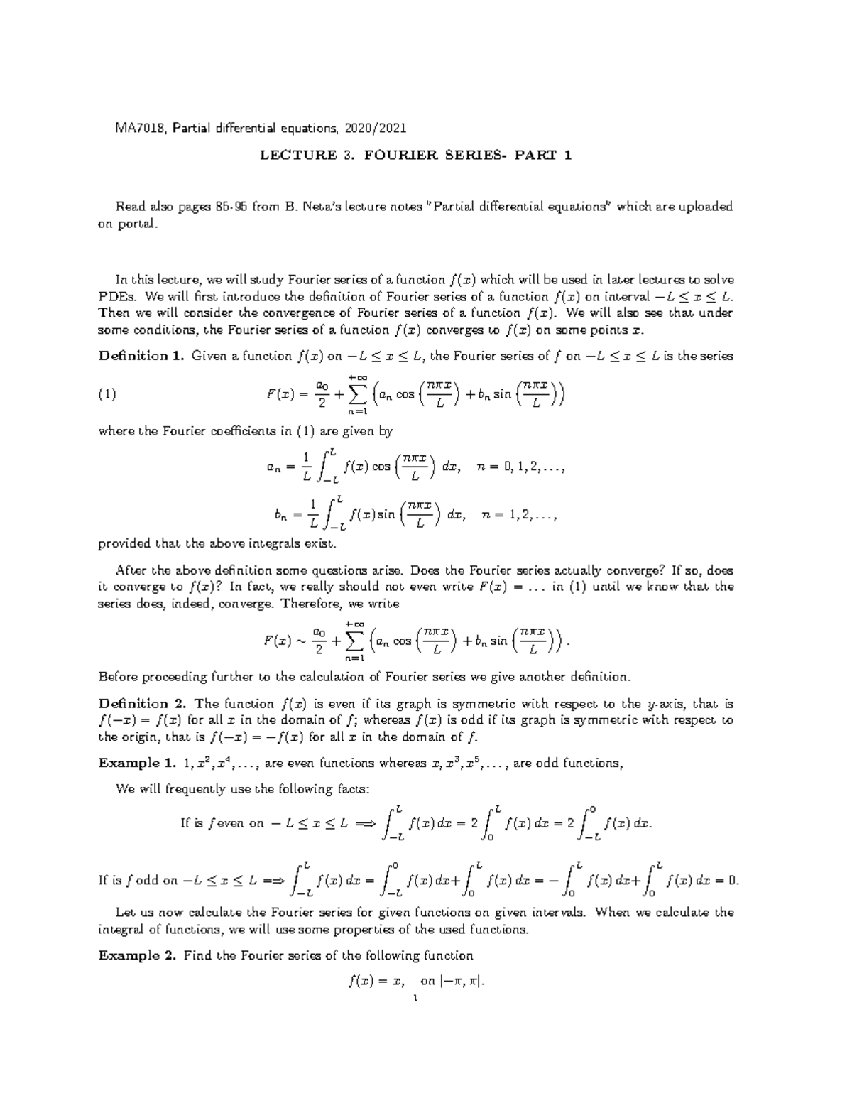 Lecture Notes 4 Fourier(Part 1) - MA7018, Partial Differential ...