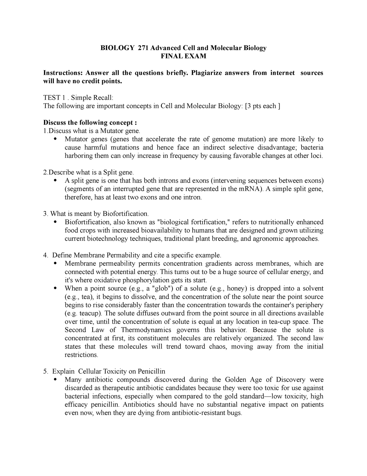 FInal Exam- Cell Mol - BIOLOGY 271 Advanced Cell And Molecular Biology ...