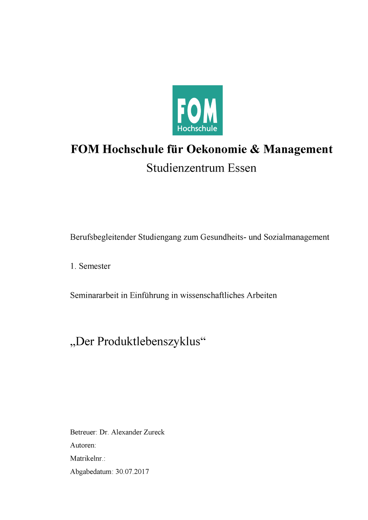 Hausarbeit In Der Produktlebenszyklus - FOM Hochschule Für Oekonomie ...