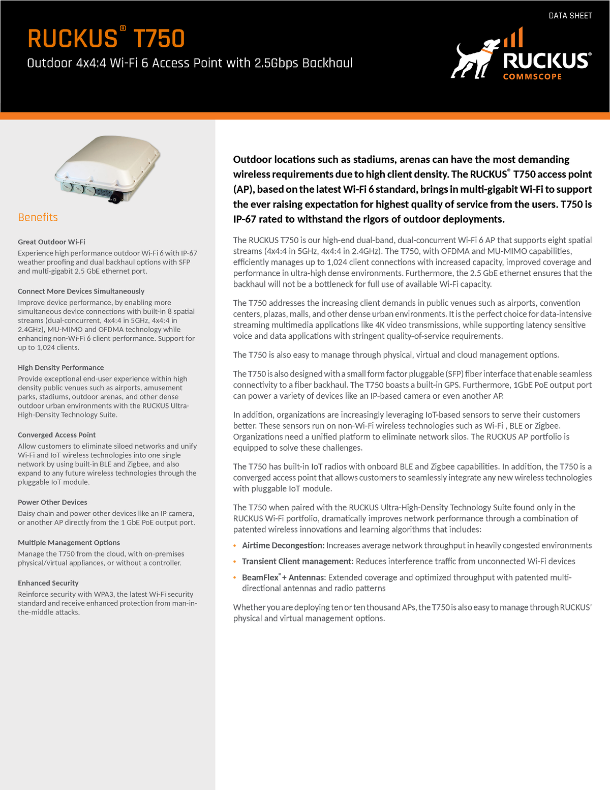 Ruckus T750 Data Sheet - Benefits Great Outdoor Wi-Fi Experience high