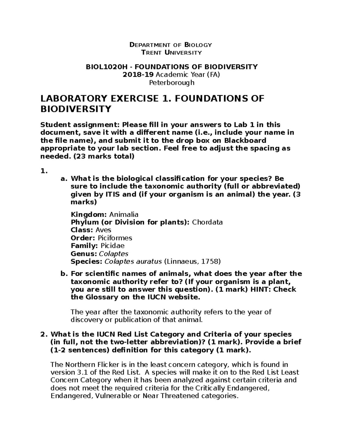 BIOL 1020 Lab 1 - One Of The Mandatory Lab Assignments - DEPARTMENT OF ...