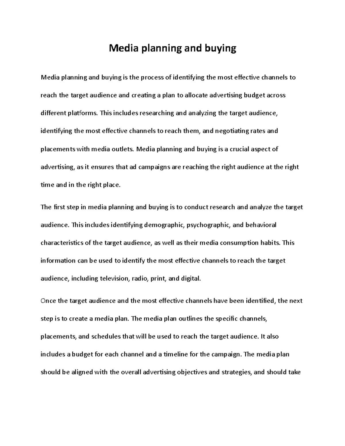 Media planning and buying Media planning and buying Media planning