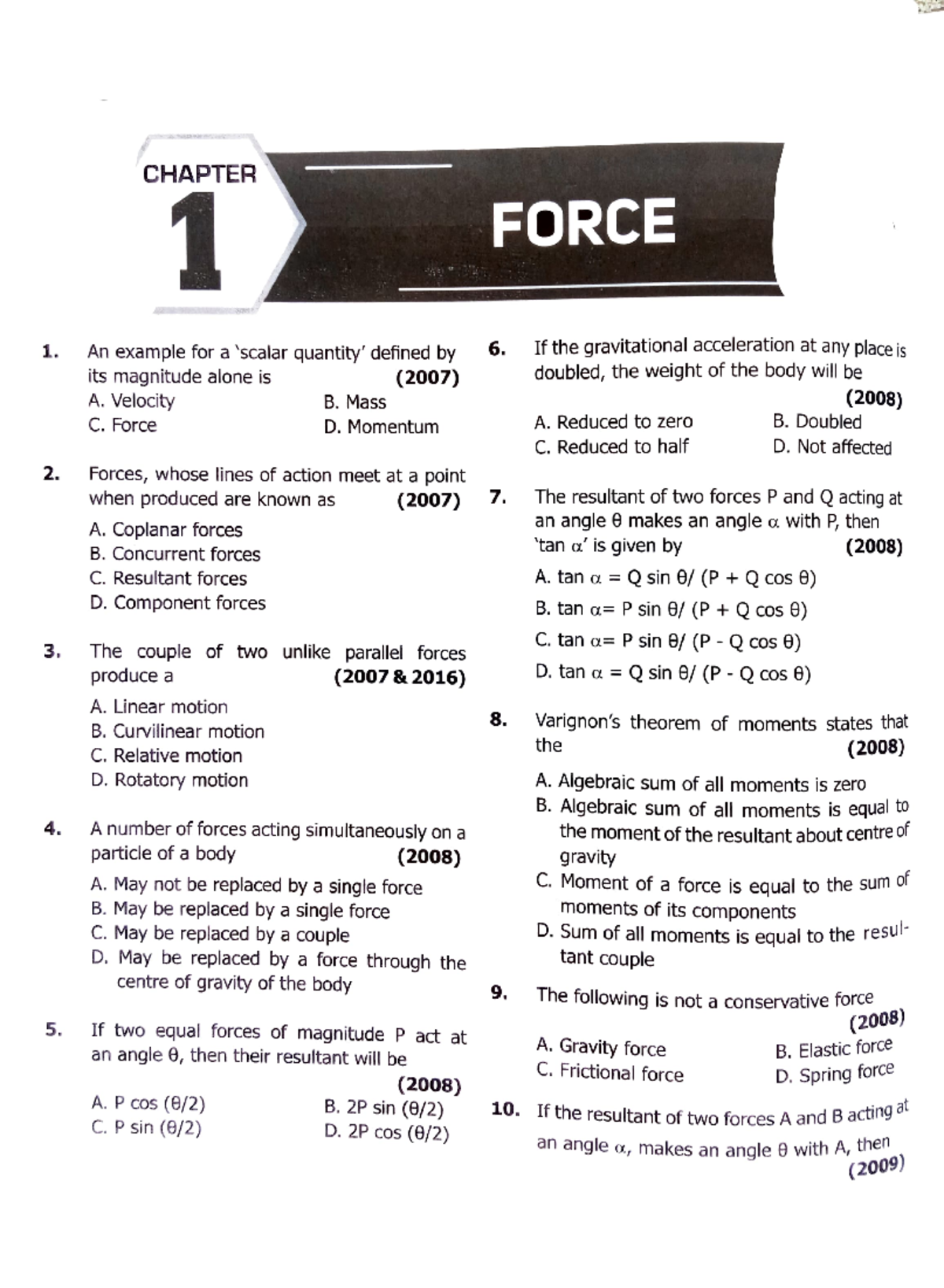 Engineering Mechanics-Force - CHAPTER. 1 FORCE An example for a 'scalar ...