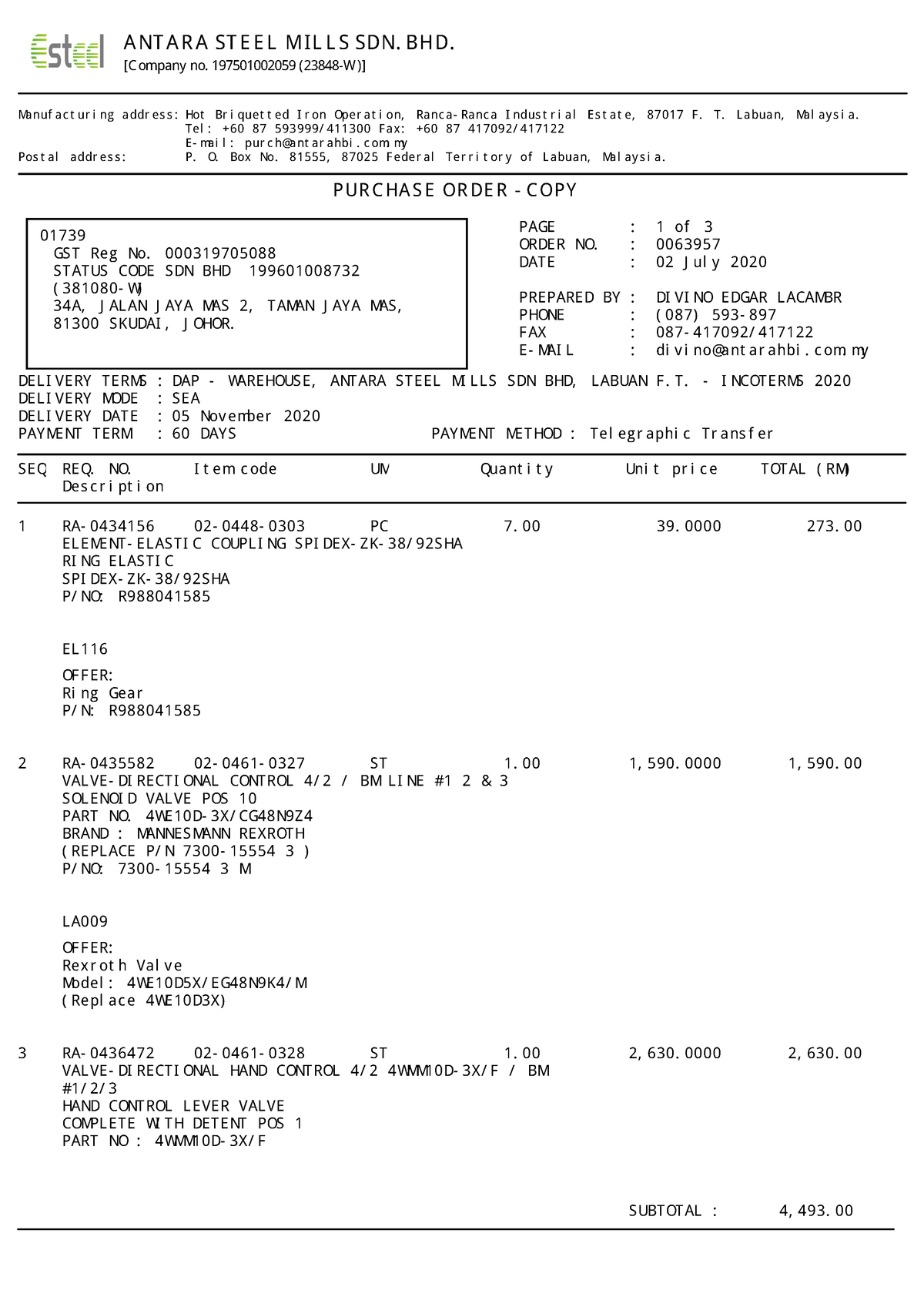 PO-0063957 - PO-0063957 - ANTARA STEEL MILLS SDN. BHD. [Company no ...