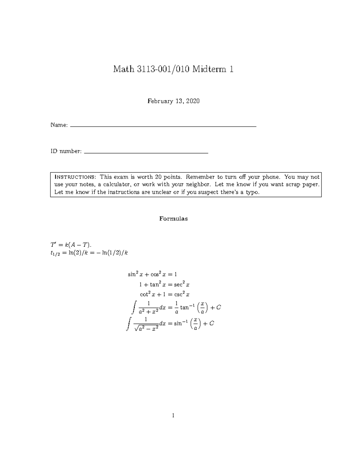 Exam1 - Questions - Math 3113-001/010 Midterm 1 February 13, 2020 Name ...