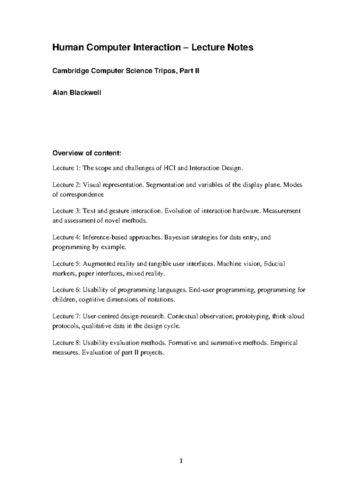 HCI2010 - notes - Human Computer Interaction – Lecture Notes Cambridge ...