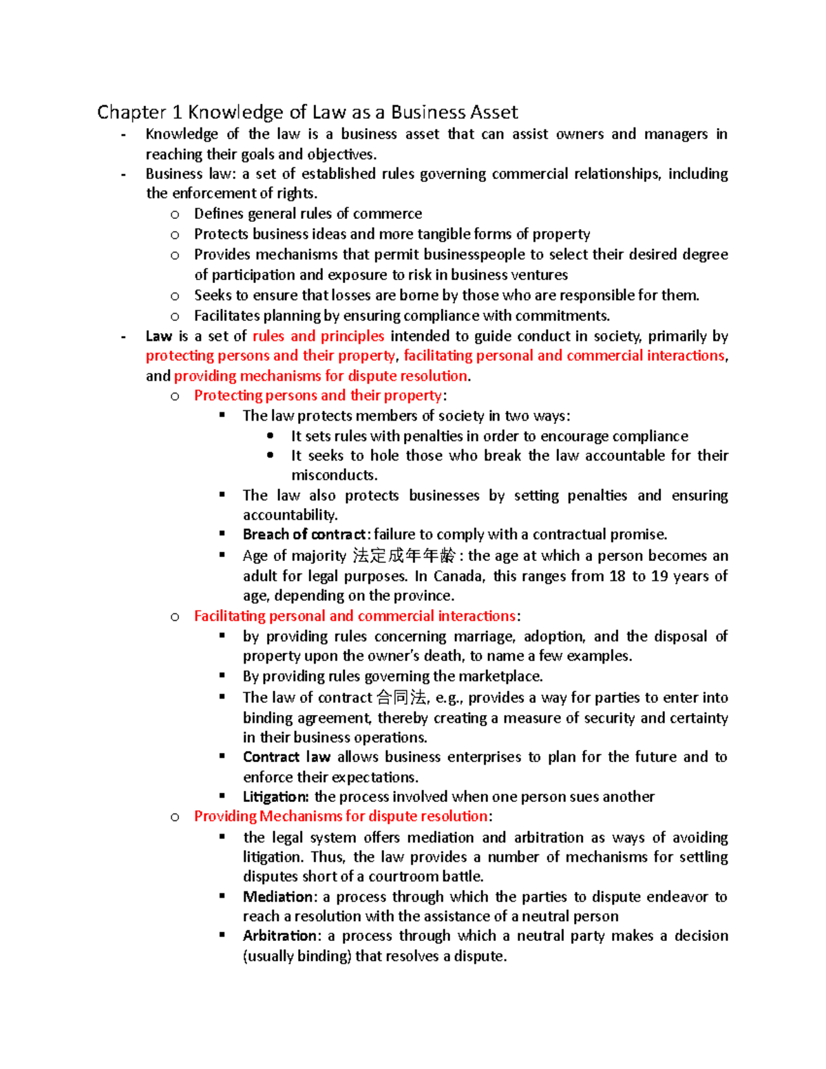 final exam notes for business low - Chapter 1 Knowledge of Law as a ...
