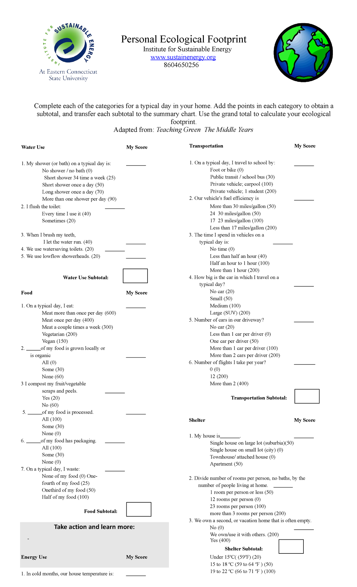 Ecological footprint worksheet Take action and learn more Personal Ecological Footprint