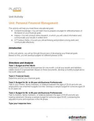 Personal Financial Management UA - © 2015 EDMENTUM, INC. Unit Activity ...