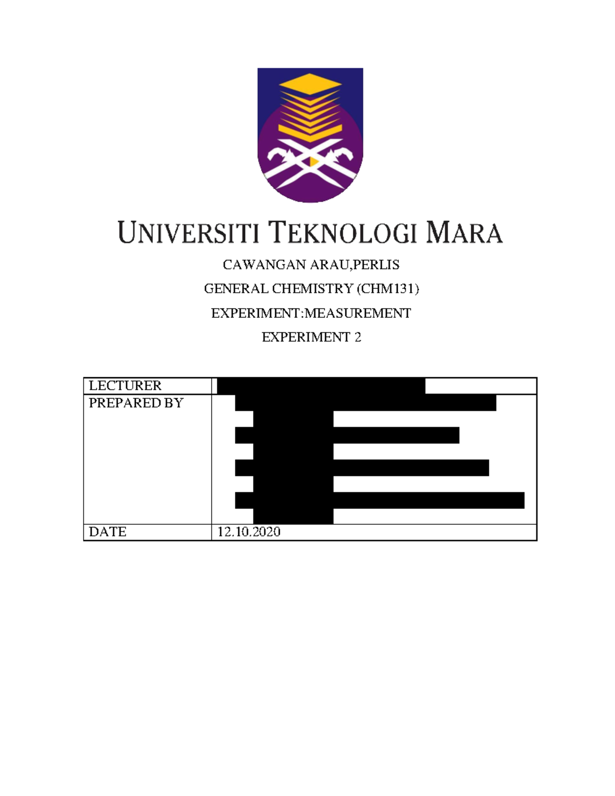 CHM 131 Experiment 1 Measurement Lab Report Chemistry UiTM Studocu