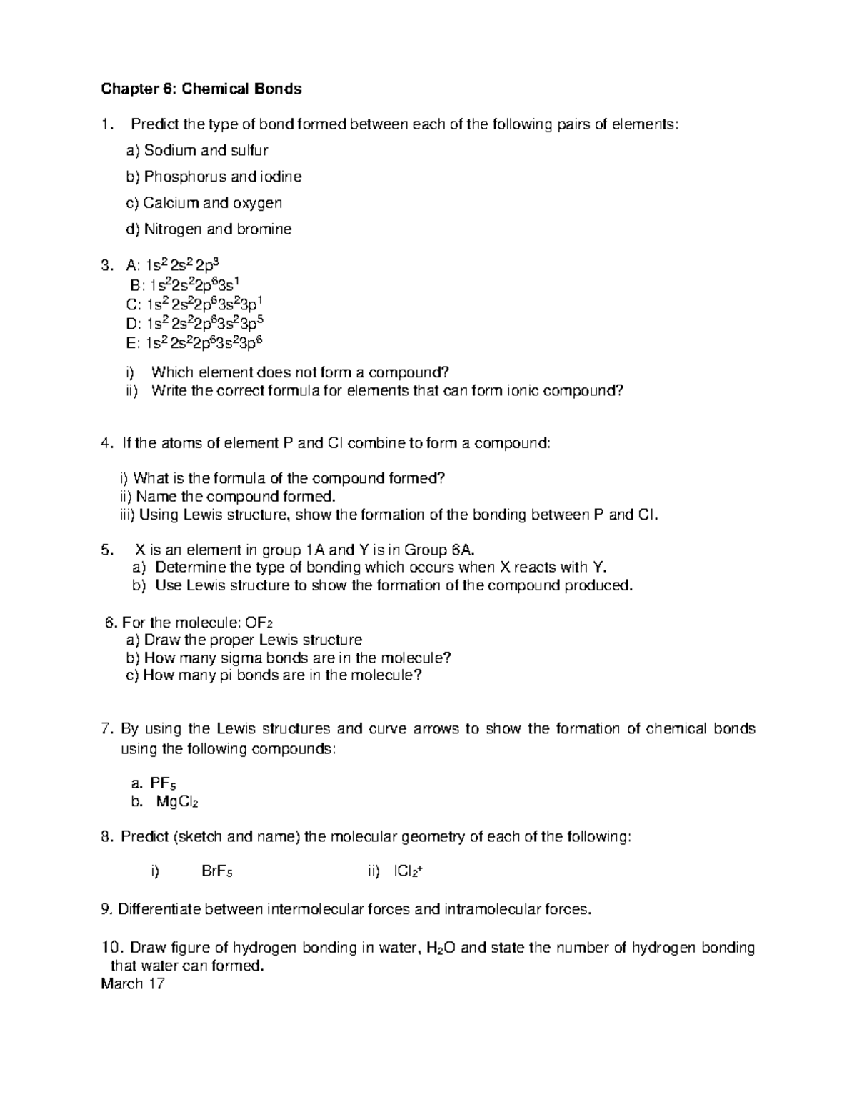 Tutorial -bab6 Civil Engineering - Chapter 6: Chemical Bonds Predict 