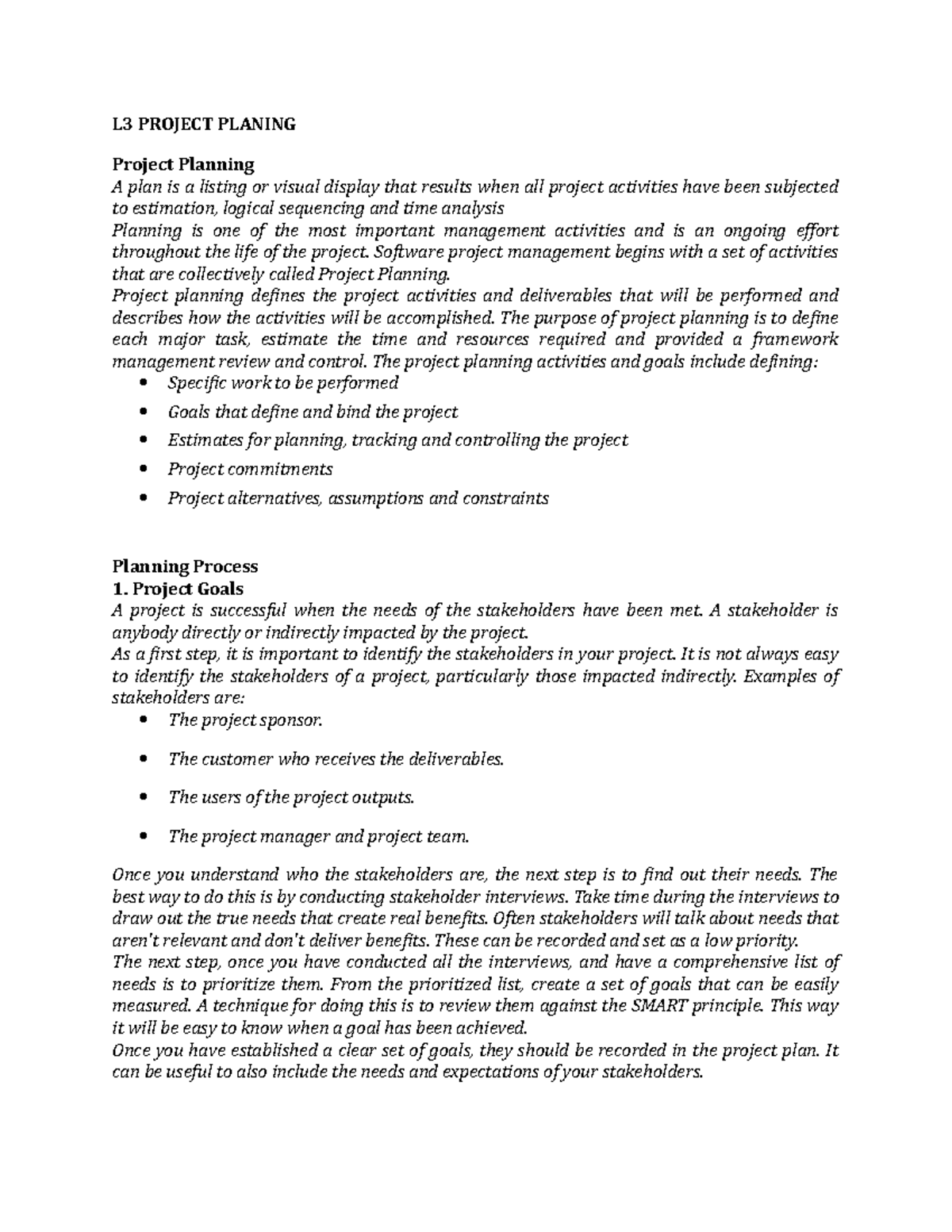 L3 PM Project Planning - Lecture notes 2 - L3 PROJECT PLANING Project ...