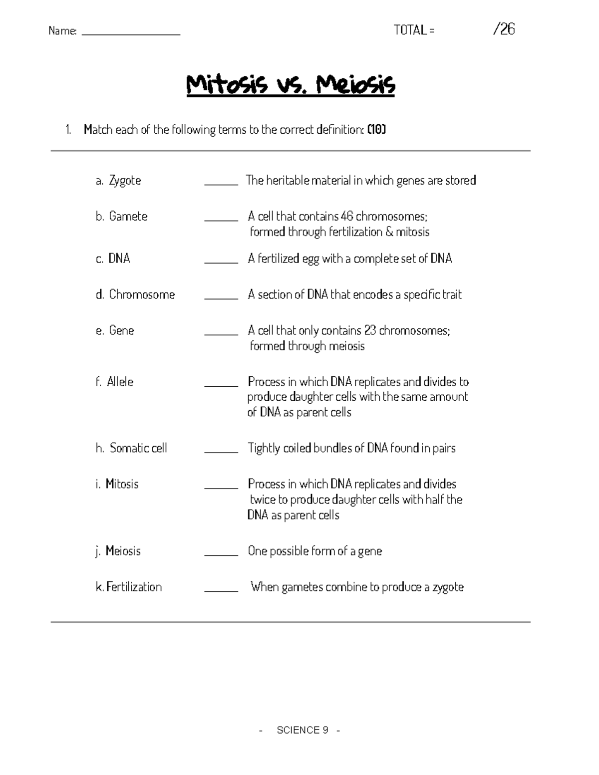 Mitvs Mei - mitosis and meiosis - Name: _________________________ TOTAL ...