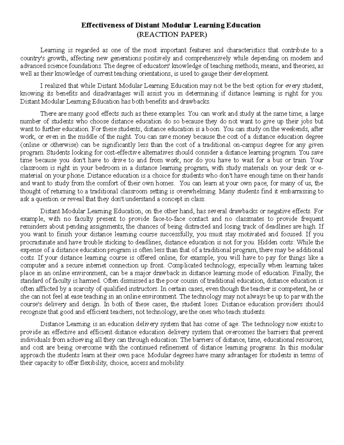Effectiveness of Distant Modular Learning Education - The degree of ...