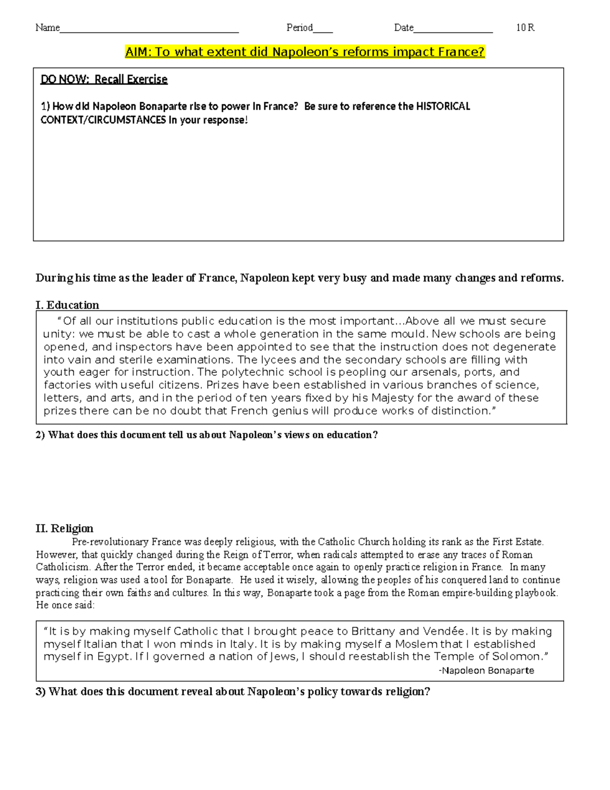 Napoleon Code and reforms - Name ...
