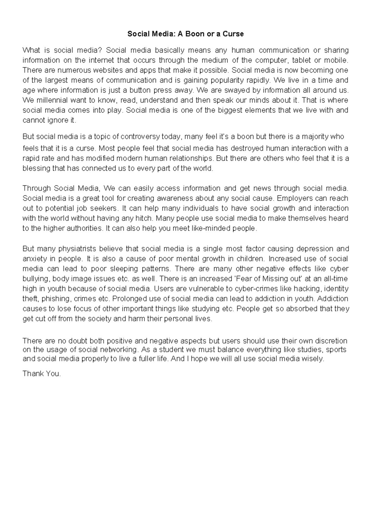 Speech AND Rubrics - Social Media: A Boon or a Curse What is social ...