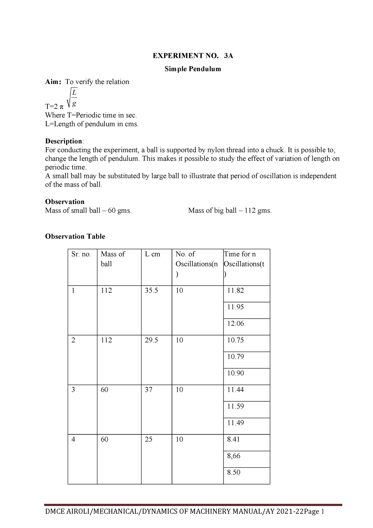 compound pendulum experiment radius of gyration