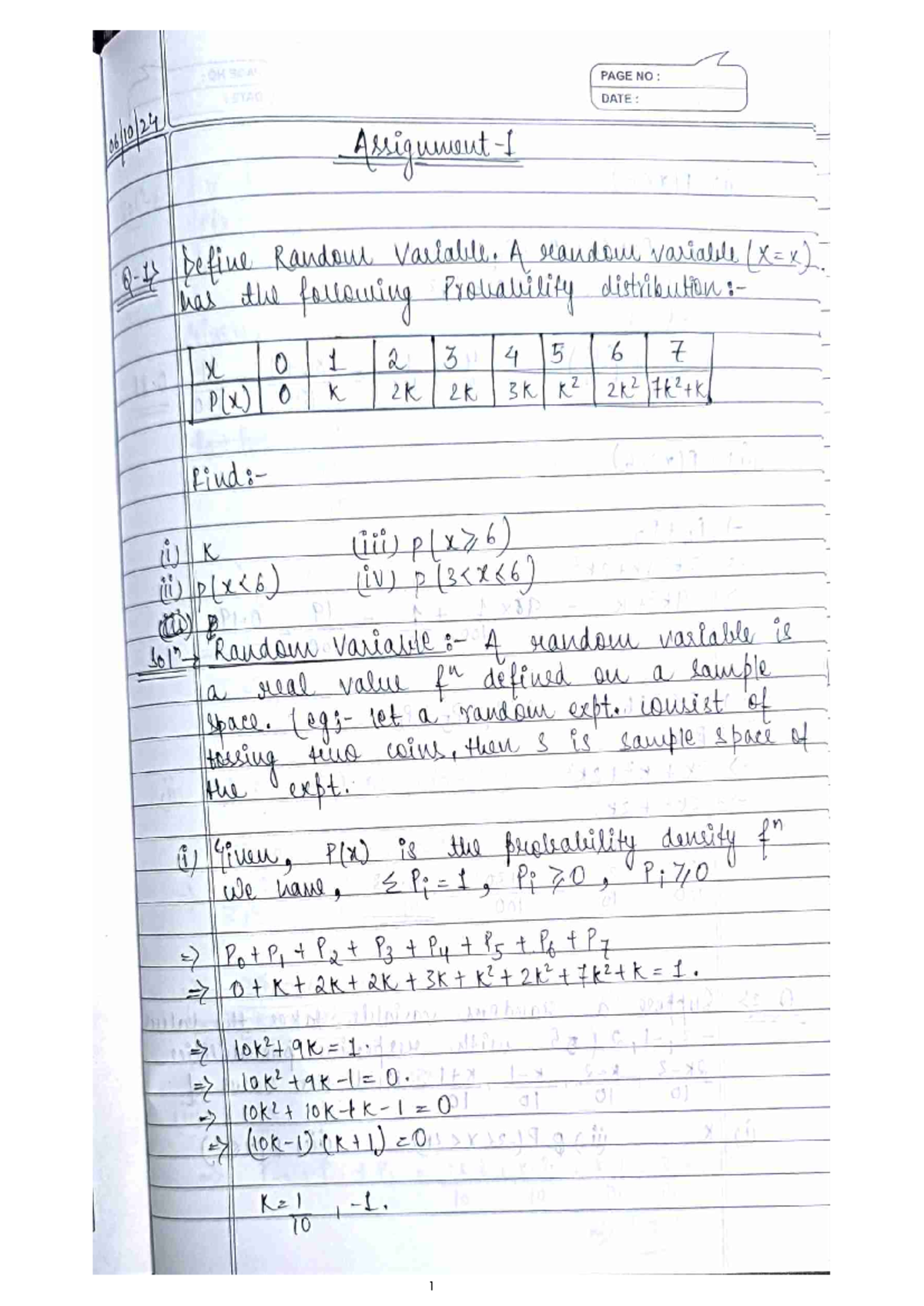 Maths Assignment 1 PAGE NO DATE Assignment Define Randow Variable