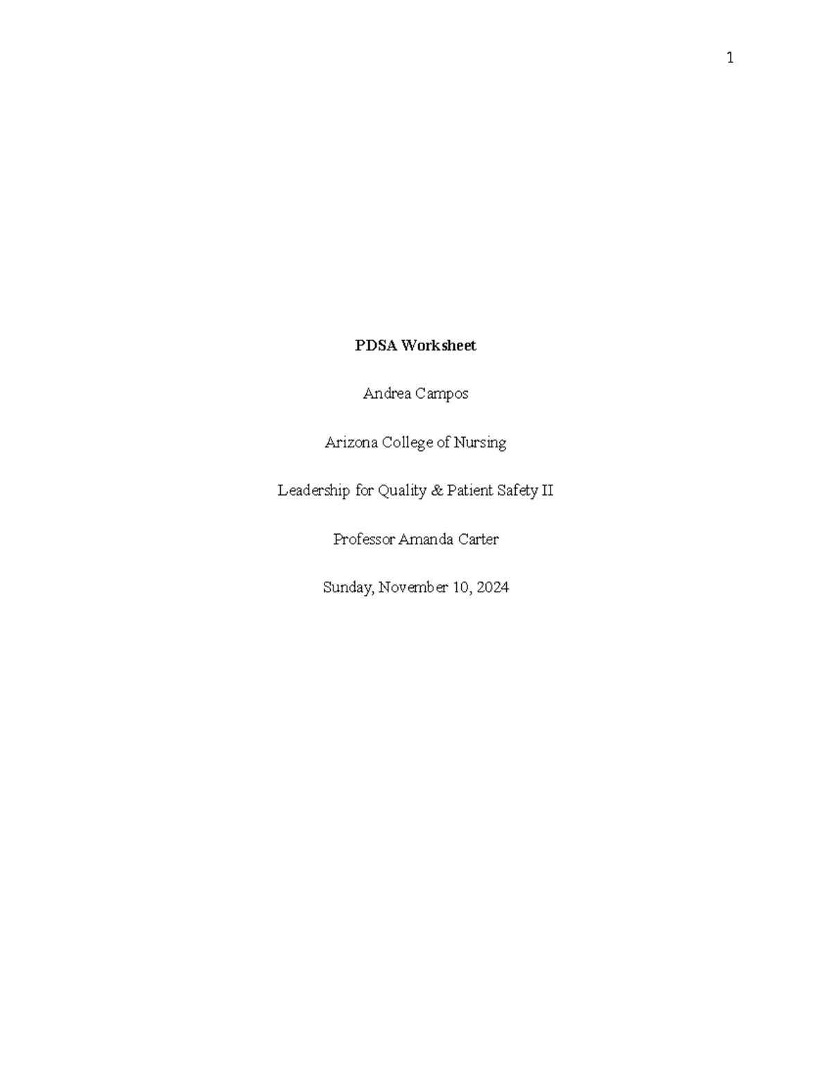 PDSA Worksheet - thanks - PDSA Worksheet Andrea Campos Arizona College ...