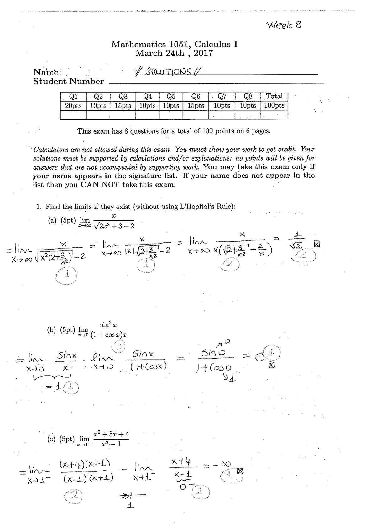 Calculus 1 Midterm 1 March 25 2017 Answerkey - Calculus 1 - Studocu