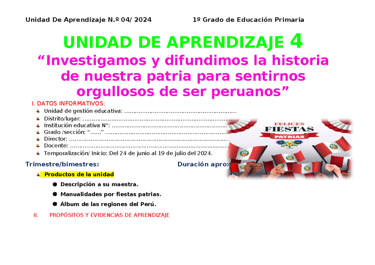 1° Grado Unidad DE Aprendizaje 3 - 2024 - UNIDAD DE APRENDIZAJE 4 ...