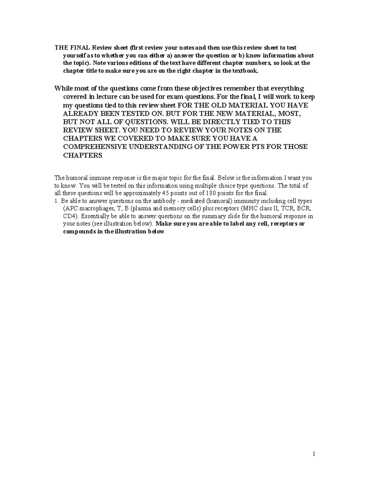 Final Exam Review Sheet with humoral response focus most recent - THE ...