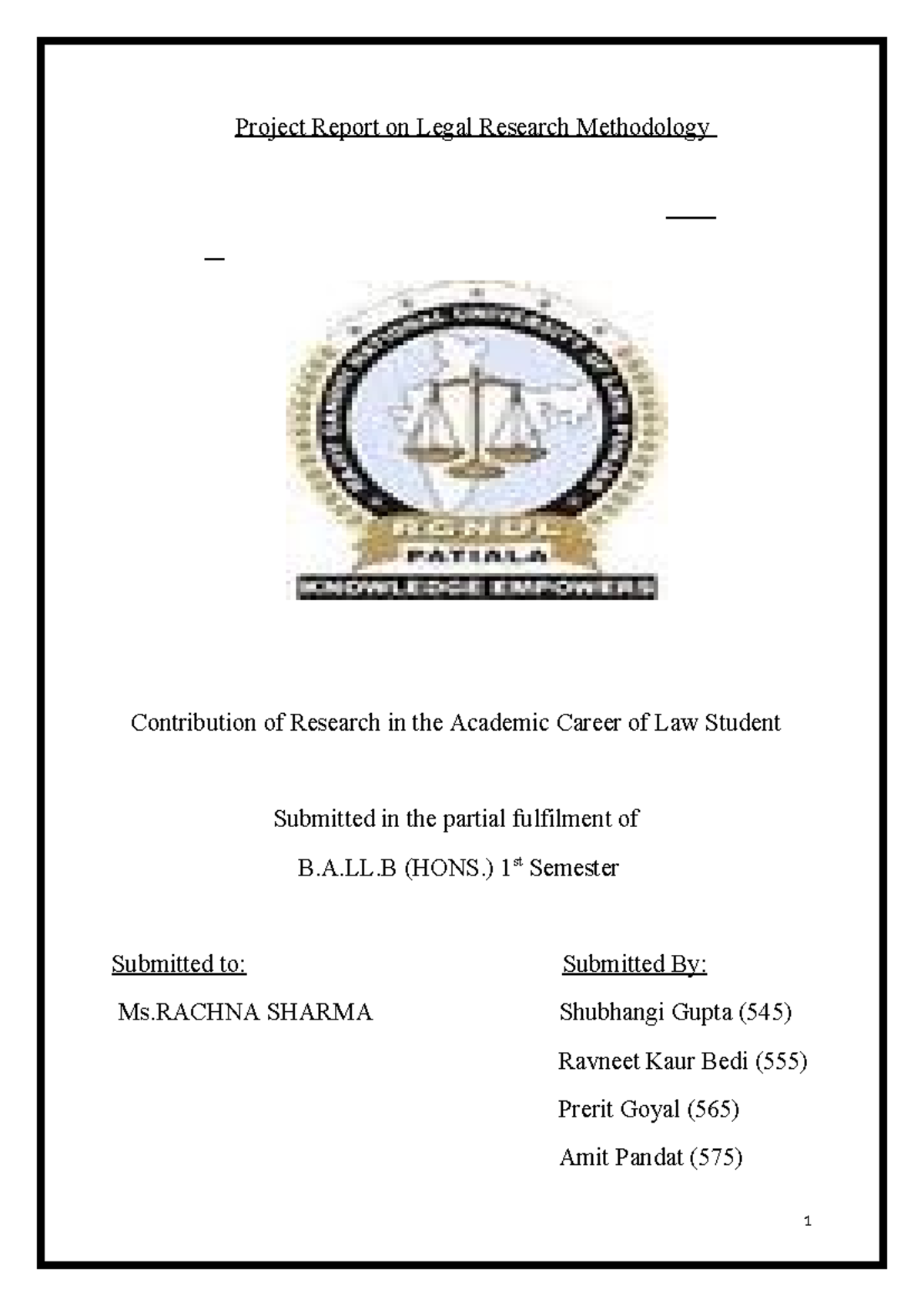 69691194 research in law LLM Project - Project Report on Legal Research ...