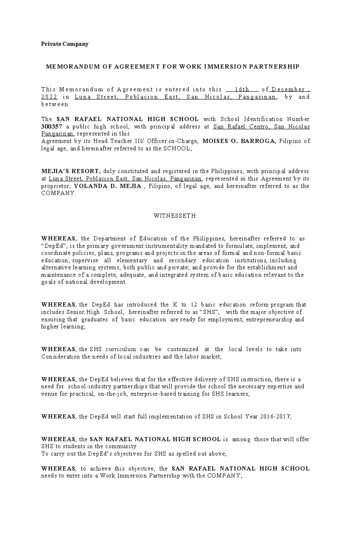 Memorandum of Agreement for Work Immersion Partnership Company ...