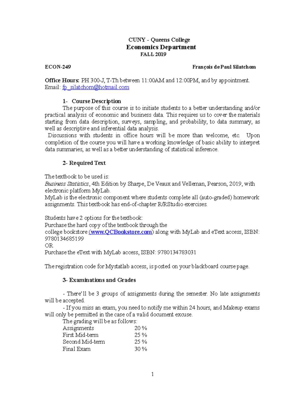 ECON249 FA2019 Syllabus For Hunter Students Make sure to Check it Out ...