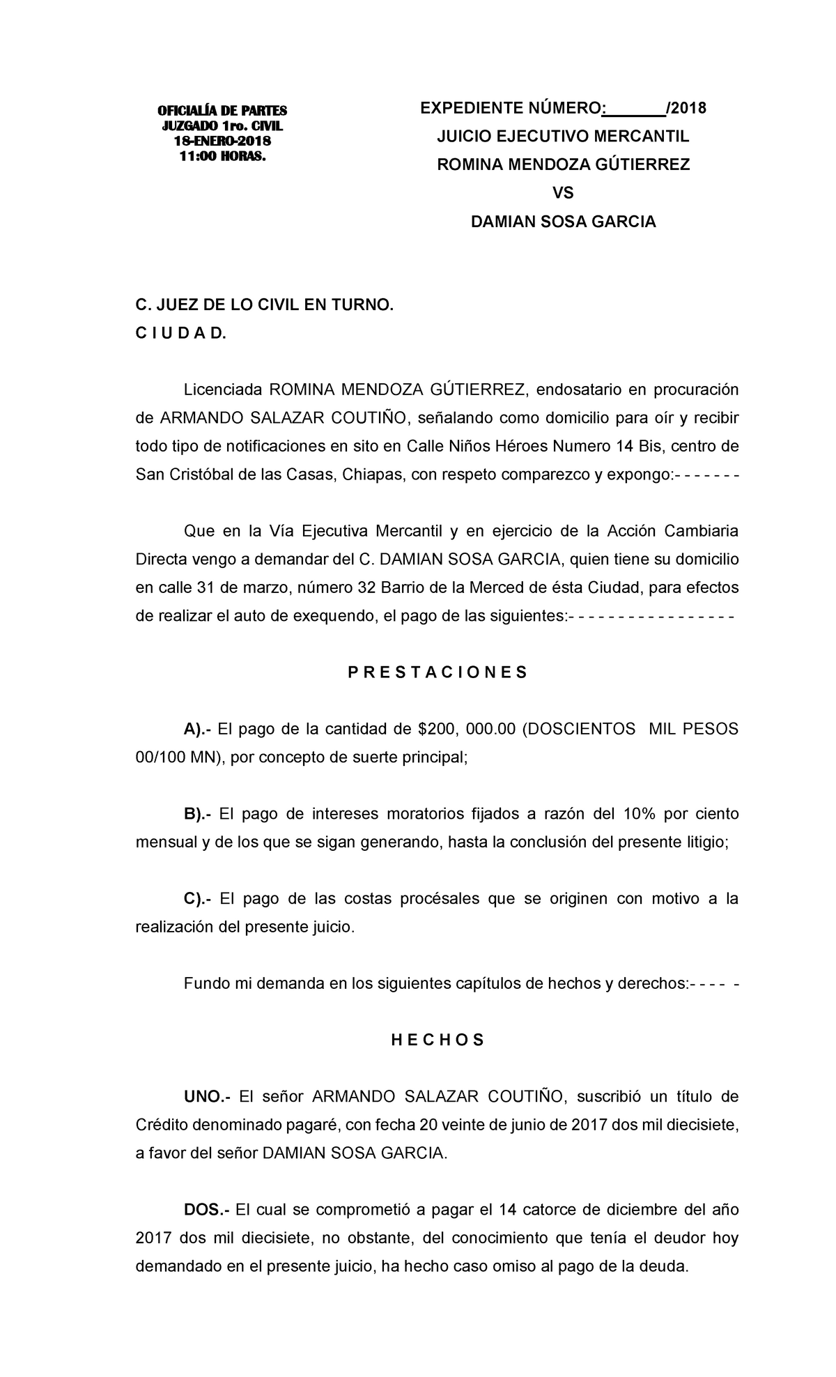 Juicio Ejecutivo Mercantil Escrito copia - C. JUEZ DE LO CIVIL EN TURNO. C  I U D A D. Licenciada - Studocu