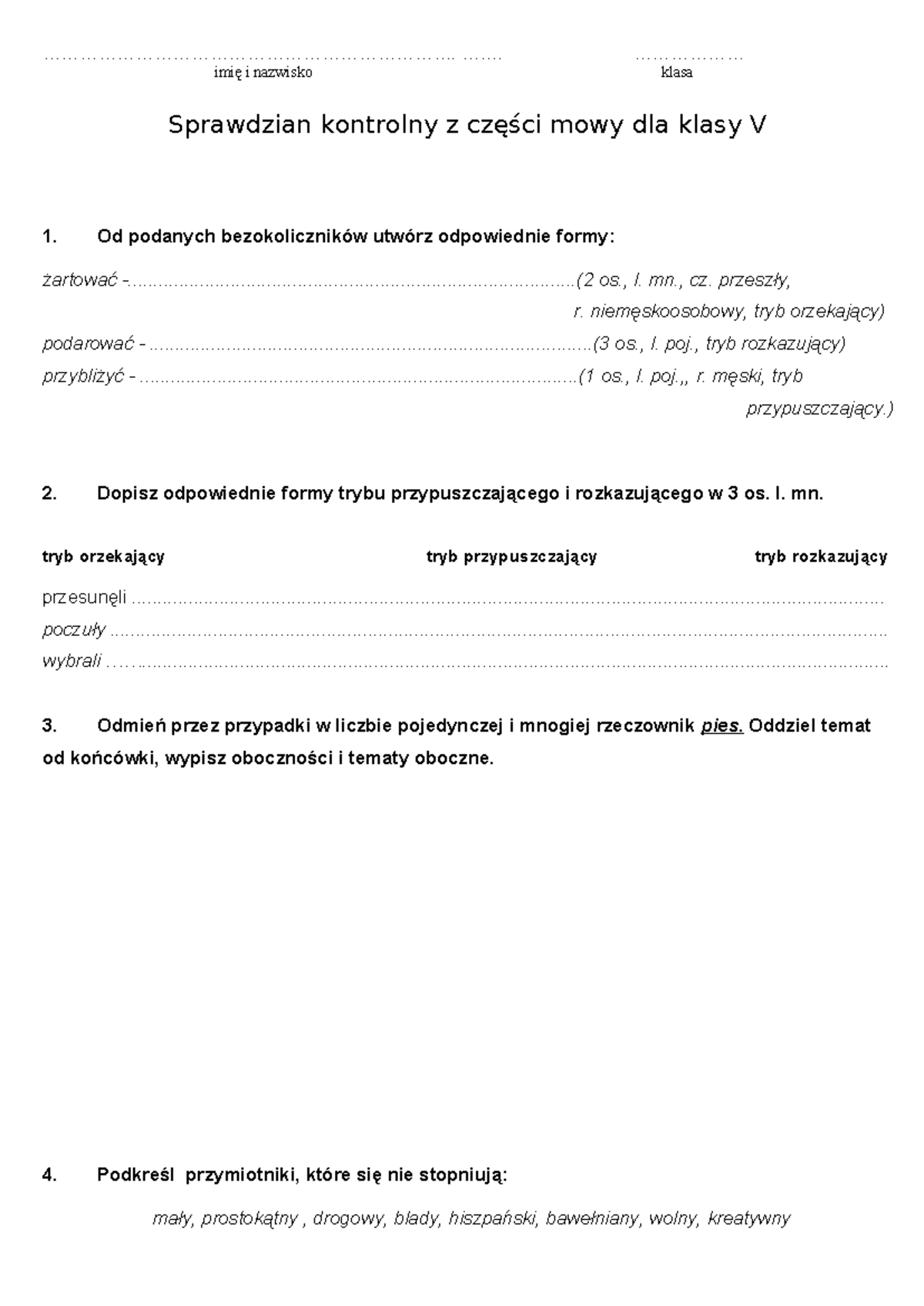Sprawdzian kontrolny z części mowy dla klasy V - - Studocu