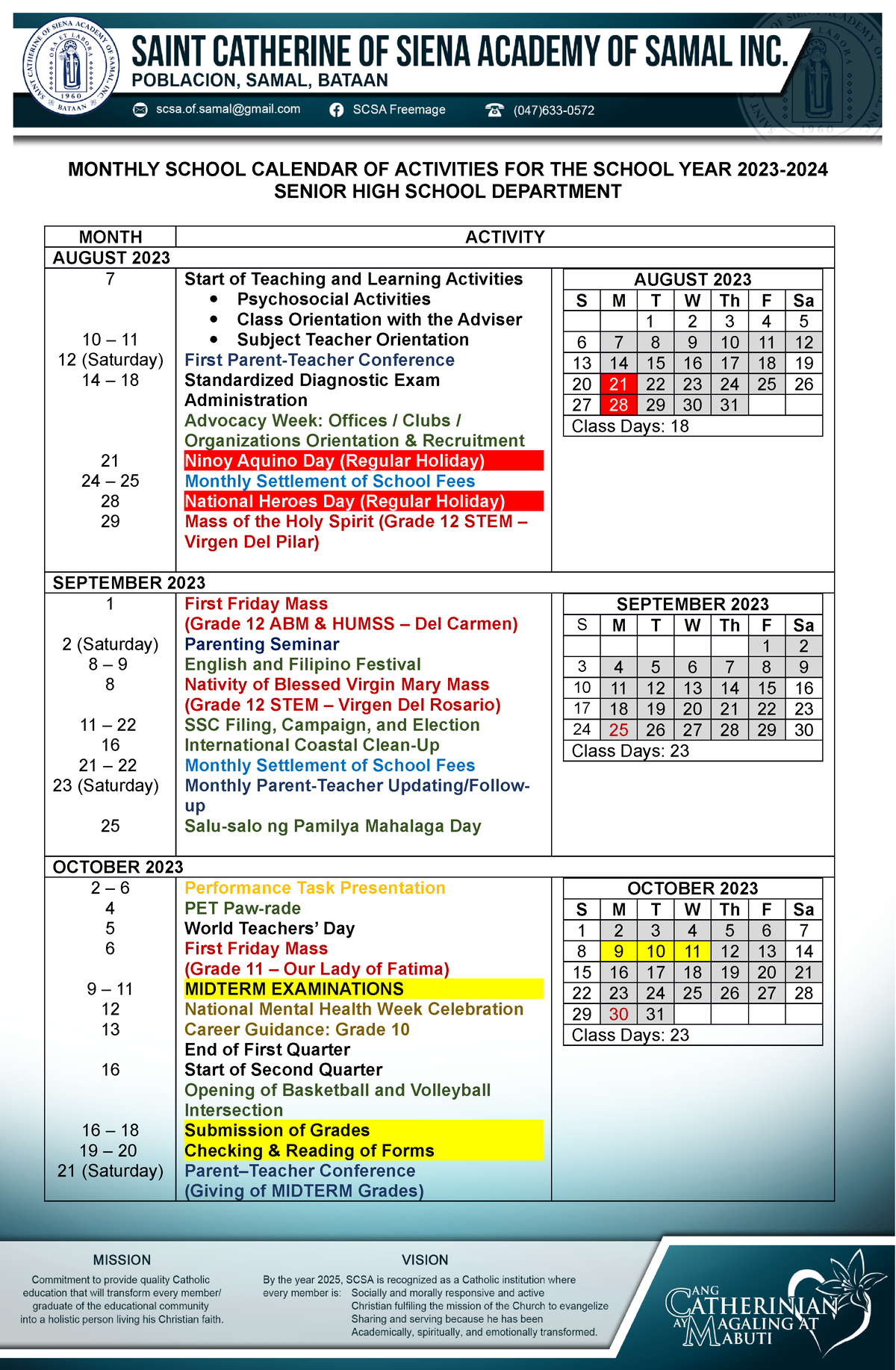 SHS Calendar of Activities 2023 2024 Proposal MONTHLY SCHOOL CALENDAR