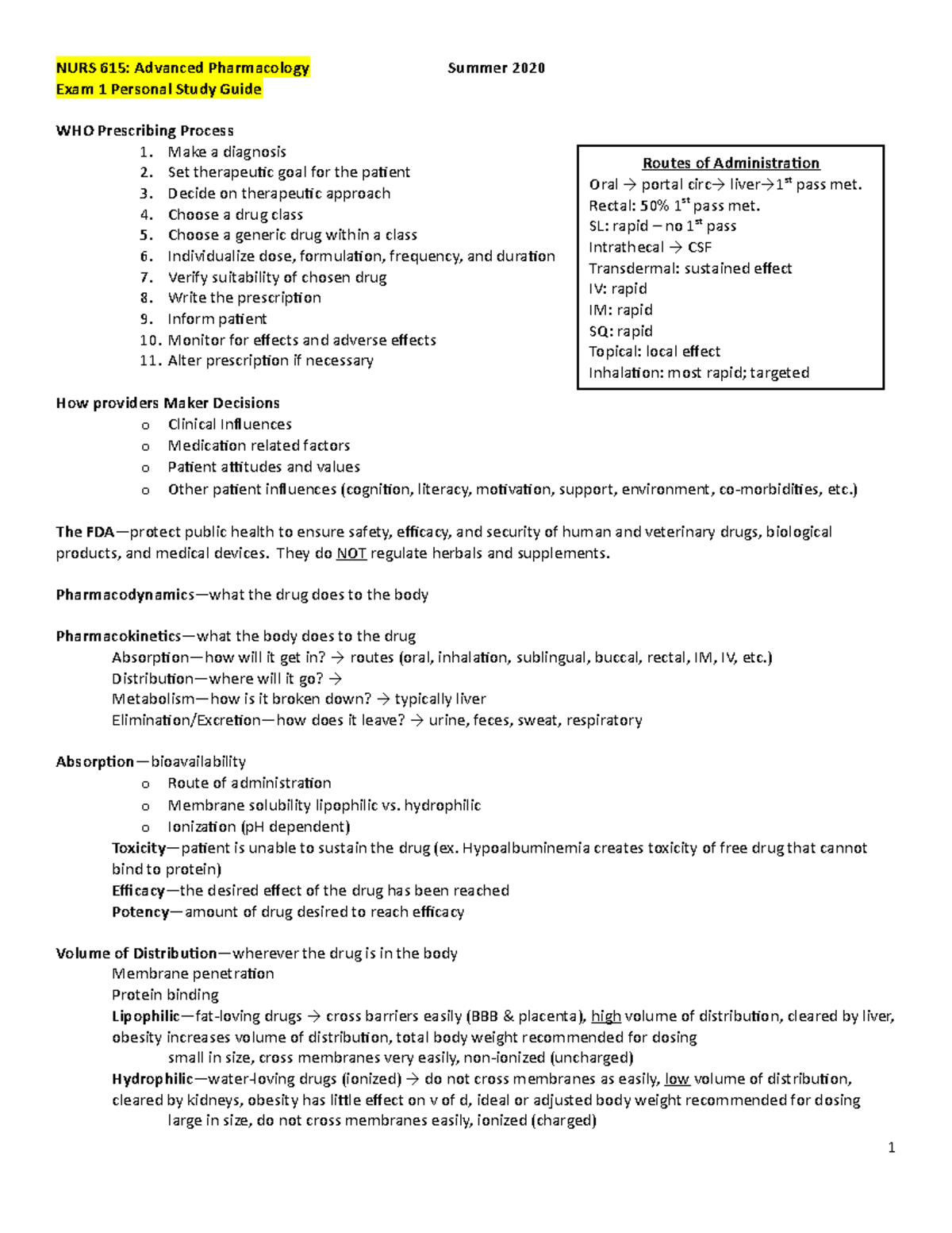 Pharmacology Exam 1 - Exam 1 Guide - NURS 615: Advanced Pharmacology ...