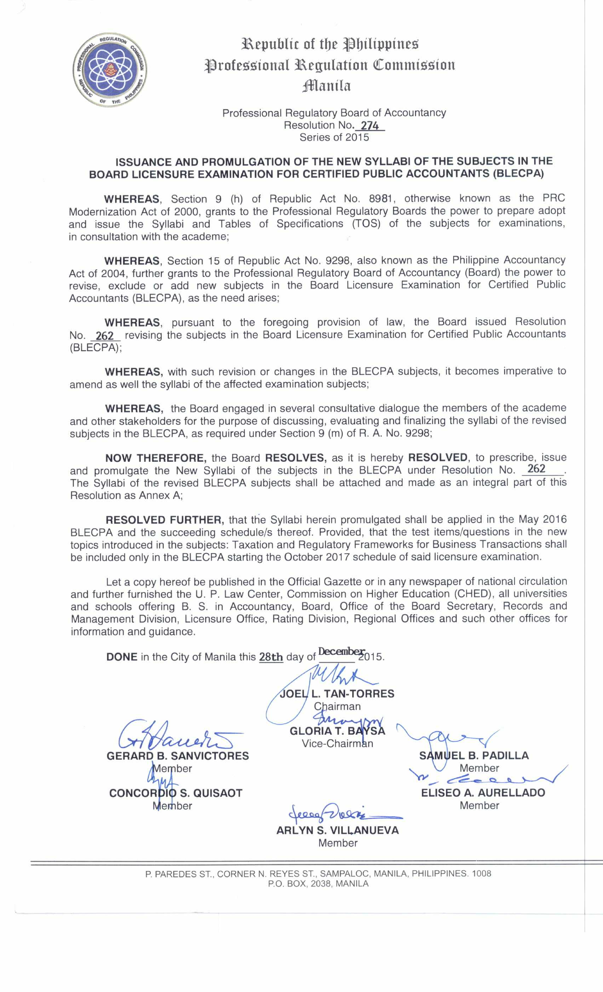 PRB CPA Reso2015274 e Table of specification for Certified Public